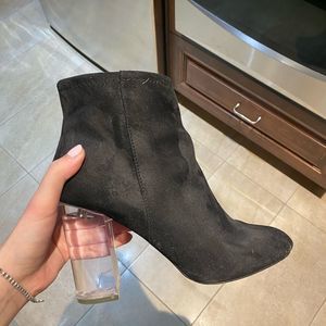 Nubuck black booties with clear glass heel